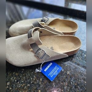 Birkenstock Taupe Suede Boston Clogs with Adjustable Buckle Sz EU46/US13-13.5